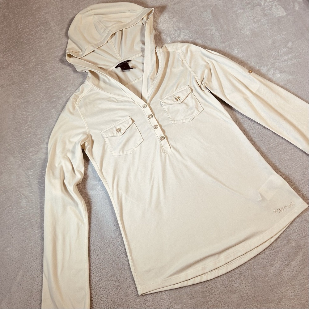 Marmot Casual Top SzXS Cream Henley Hood RollTab Hiking Gorpcore Minimalist
